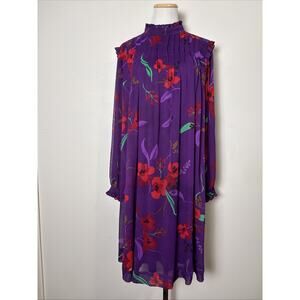 Calvin Klein Purple Floral Sheer Sleeve Midi Dress Size 14W Career Party Wedding